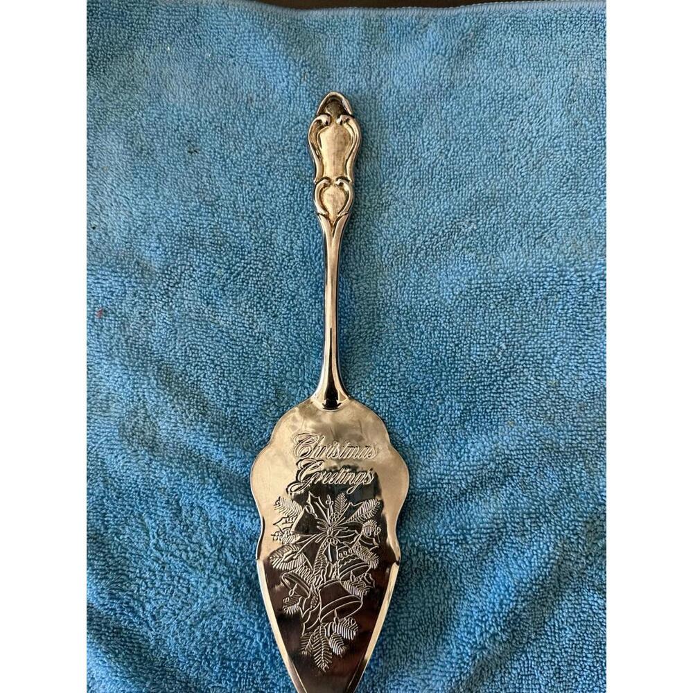 Christmas Silver Plate Cake Pie Server Happy Holidays Embossed Table Vintage
